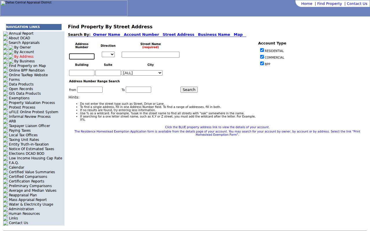 Grand Prairie residents directory DCAD address search fields